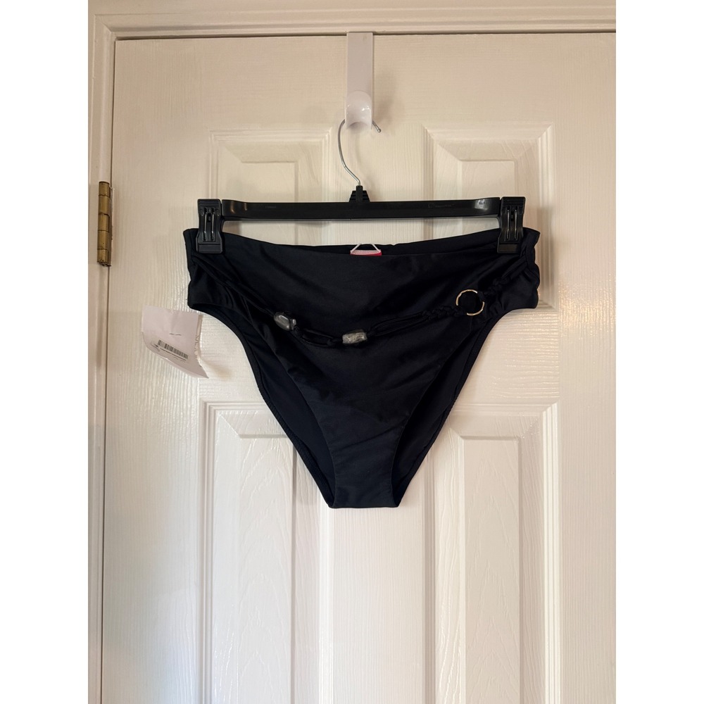 Red Carter Black High Waist Bikini Bottom Braided Belt Resin Stone Size Large